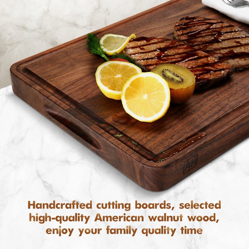 AZRHOM Walnut Wood Cutting Board, 17x11in Large Wooden Chopping Boards with Deep Juice Groove and Side Handle, Thick Butcher Block for Kitchen Meat Cheese Gift for Wife Mom (Gift Box) - Image 5